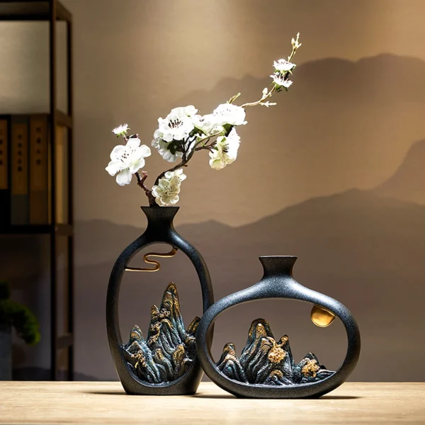 Resin Vase Table Decoration Accessories Home Decoration Luxury New Chinese Style Mountain Scenery Vase Decoration 3