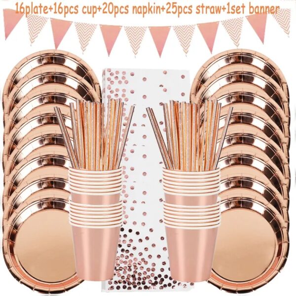 Rose Gold Disposable Tableware Set Plates Cups Napkins Adult Happy Birthday Party Decoration Kids Wedding Birthday 1