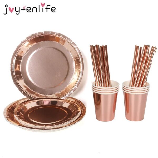 Rose Gold Disposable Tableware Set Plates Cups Napkins Adult Happy Birthday Party Decoration Kids Wedding Birthday 2