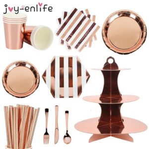 Rose Gold Disposable Tableware Set Plates Cups Napkins Adult Happy Birthday Party Decoration Kids Wedding Birthday