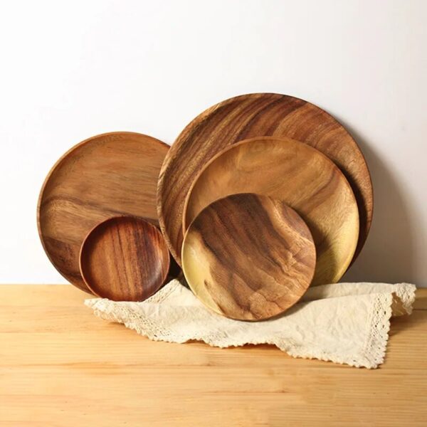 Round Solid Wood Plate Whole Acacia Wood Fruit Dishes Wooden Saucer Tea Tray Dessert Dinner Breakfast 1