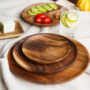 Round Solid Wood Plate Whole Acacia Wood Fruit Dishes Wooden Saucer Tea Tray Dessert Dinner Breakfast