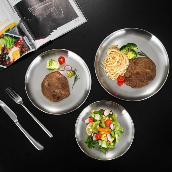 Round Stainless Steel Dinner Plates Flat Insulated Thick Bbq Shallow Dishes Western Steak Cake Fruit Tray 1