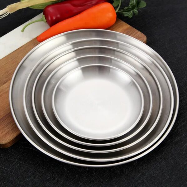 Round Stainless Steel Dinner Plates Flat Insulated Thick Bbq Shallow Dishes Western Steak Cake Fruit Tray 4