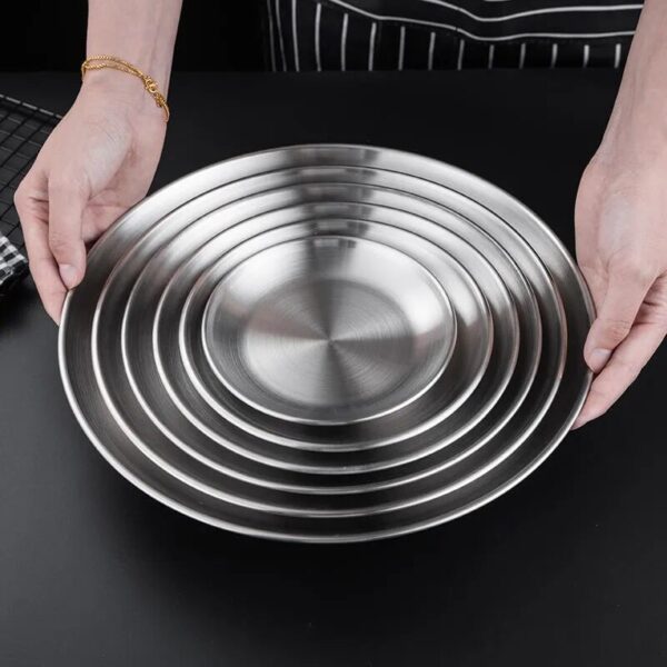 Round Stainless Steel Dinner Plates Flat Insulated Thick Bbq Shallow Dishes Western Steak Cake Fruit Tray