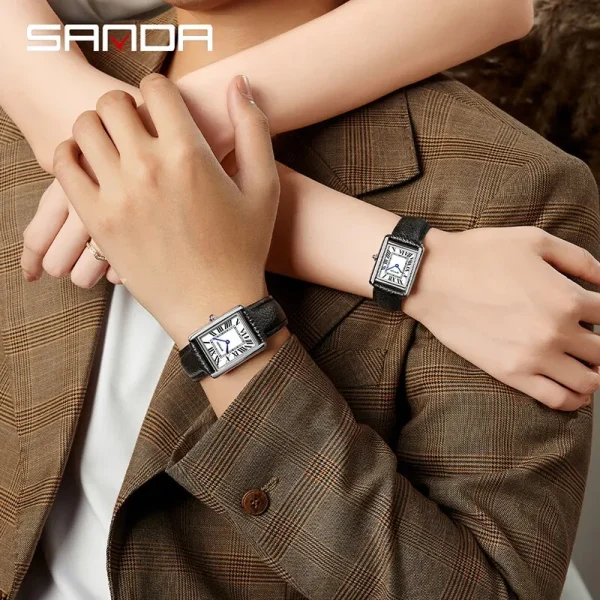 Sanda Couple Watch 30m Waterproof Casual Fashion Women Men Quartz Watches Wear Resistant Leather Strap Square 4