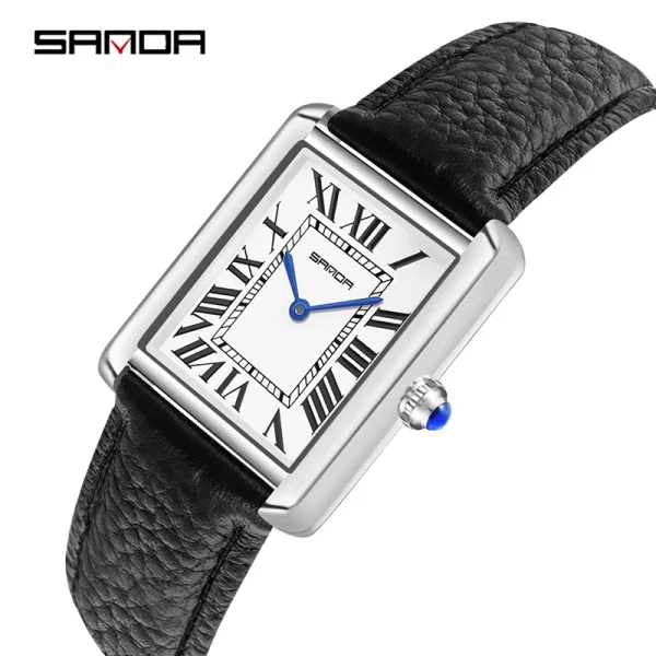 Sanda Men Women Quartz Watch Roman Numeral Square Stainless Steel Leather Wristwatch Casual Lovers Water Resistant 1