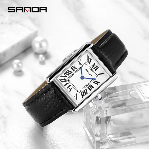 Sanda Men Women Quartz Watch Roman Numeral Square Stainless Steel Leather Wristwatch Casual Lovers Water Resistant 3