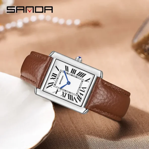 Sanda Men Women Quartz Watch Roman Numeral Square Stainless Steel Leather Wristwatch Casual Lovers Water Resistant