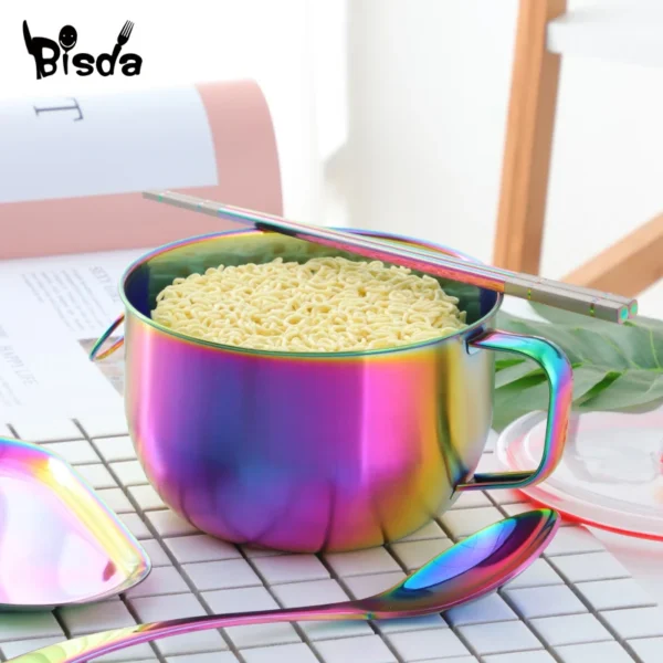 Stainless Steel Bowl With Lid And Handle Golden Instant Noodle Bowls Soup Food Container Silverware Rice 1