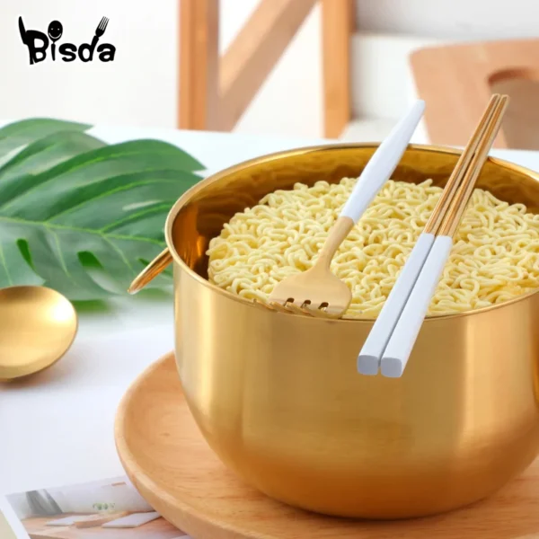 Stainless Steel Bowl With Lid And Handle Golden Instant Noodle Bowls Soup Food Container Silverware Rice 3