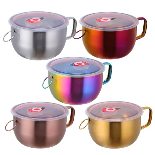 Stainless Steel Bowl With Lid And Handle Golden Instant Noodle Bowls Soup Food Container Silverware Rice 4