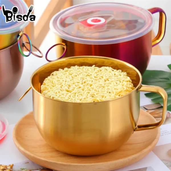 Stainless Steel Bowl With Lid And Handle Golden Instant Noodle Bowls Soup Food Container Silverware Rice