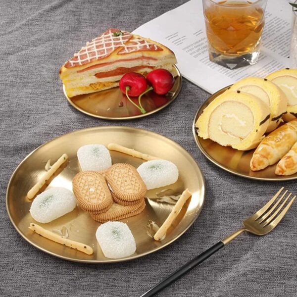 Stainless Steel Dining Plate Golden Dishes Round Tray Cake Western Steak Makeup Tray Tablewares Korean Style 3