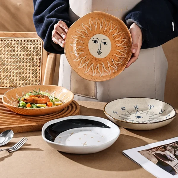 Sun Moon Star Zodiac Hand Kneaded Hand Painted Underglaze Bohemian Dish Deep Plate Salad Western Steak 1