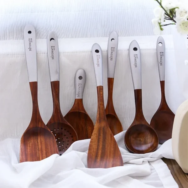 Thailand Teak Natural Wood Tableware Spoon Ladle Turner Long Rice Colander Soup Skimmer Cooking Spoons Scoop 4