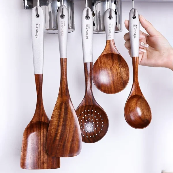 Thailand Teak Natural Wood Tableware Spoon Ladle Turner Long Rice Colander Soup Skimmer Cooking Spoons Scoop