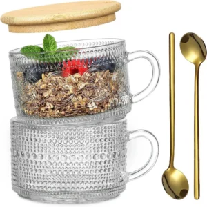 Vintage Coffee Mugs Overnight Oats Containers With Spoons Clear Embossed Glass Cups Ideal For Cappuccino Tea