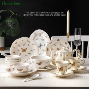 Vintage Porcelain Dinnerware Set Floral Plates Bowls Kitchen Pot Coffee Cup Set Butterfly Bowl Plate European