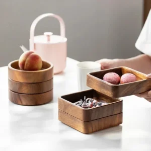 Walnut Wood Plate Square Tray Japanese Tableware Household Simple Confectionery Plate Small Round Bowl Creative Stackable