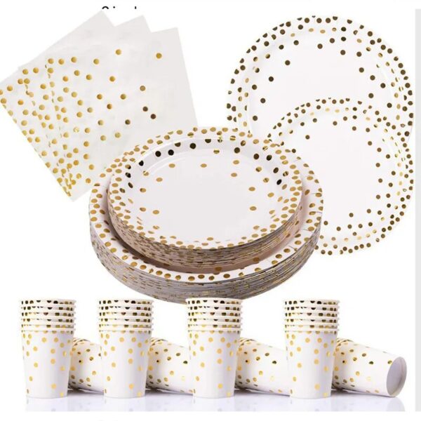 White Gold Wedding Party Supplies Disposable Dinnerware White Paper Plates Cups Gold For Baby Birthday Day 2