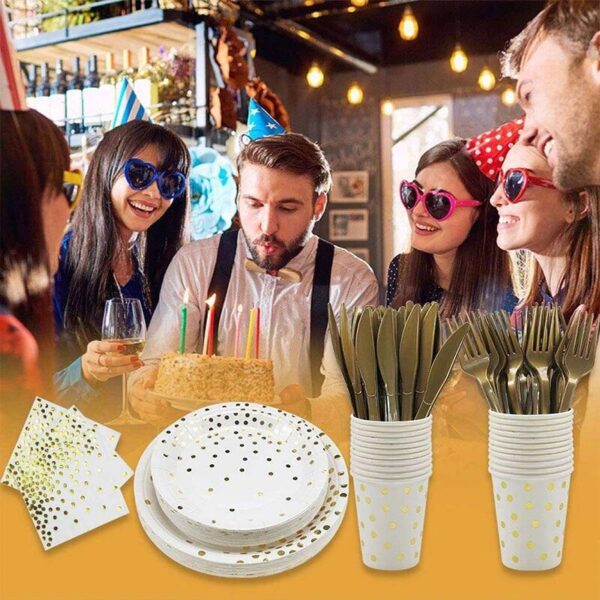 White Gold Wedding Party Supplies Disposable Dinnerware White Paper Plates Cups Gold For Baby Birthday Day 3