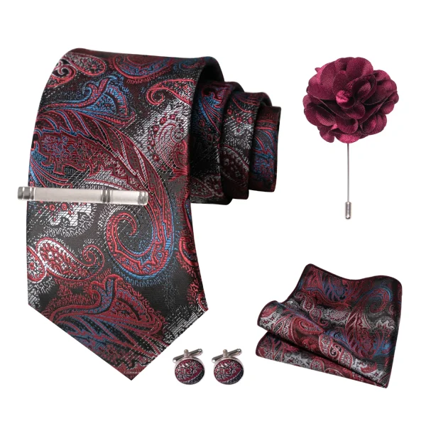 Wine Red Men Tie Paisley Silk Tie Pocket Square Cufflink Luxury Gift Box Set Wedding Gravat 5