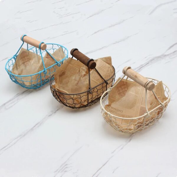 Wooden Handle Metal Retro Basket Portable Bread Vegetable Fruit Egg Serving Storage Basket With Handle Tray 3