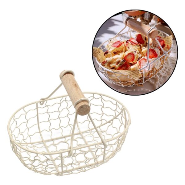 Wooden Handle Metal Retro Basket Portable Bread Vegetable Fruit Egg Serving Storage Basket With Handle Tray 4