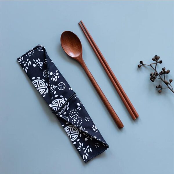 Wooden Chopsticks Spoon Simple Set With Cloth Bag Japanese Sushi Chopsticks Spoon Convenient Outdoor Travel Gift 2