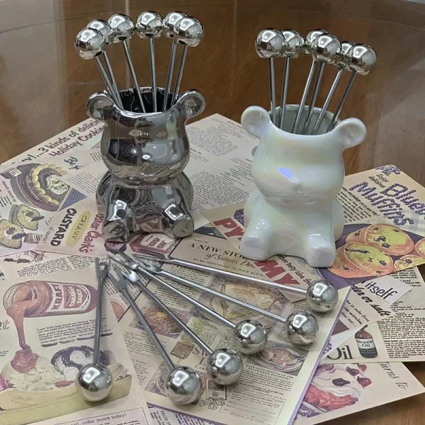 Kf ae8d78bd0cbcf416d9ddae9a38a73ffa8p 6pcs stainless steel dessert forks with storage jar bear fruit fork set cute bear tableware for