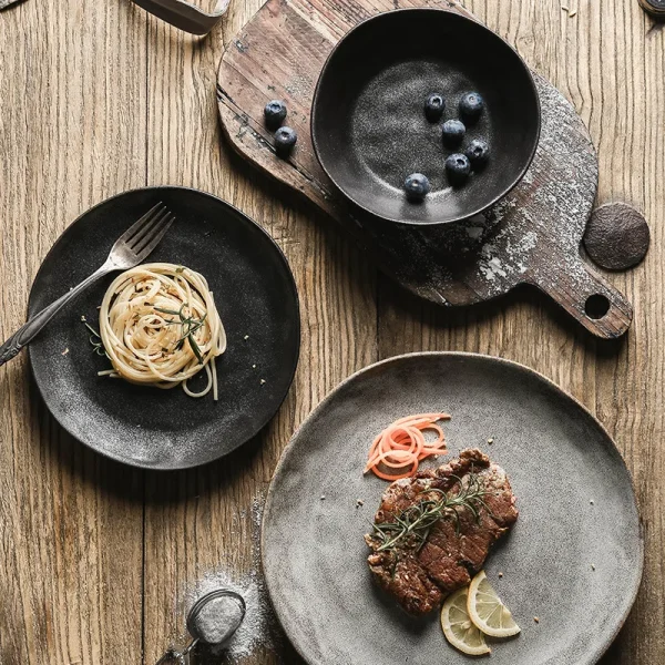 Kf hded50cbc80a34d7db37b69502deb5aa44 japanese ceramic dinner plate rice bowl food tray retro gray tableware porcelain fruit salad sushi serving
