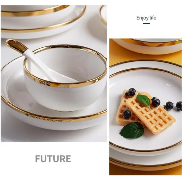 Kf S01cea4d39a0f4b1fbbca6d55ca6ad00dy Nordic Style Gold Inlay Bright White Porcelain Dinner Sets Ceramic Bowl Dish Plates Set Porcelain Dinnerware