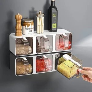 Kf S11195b20f2ba4ee490c6fbfe8ffb15b4m Wall Mount Seasoning Organizer Box Set Salt Shaker Spice Rack Compartment Storage Box Sugar Container Jar