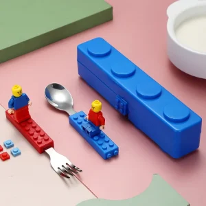 Kf s1533adee8b7c46d19e66edcdd5ced289v 304 stainless kids funny fork spoon set children building block toys cartoon steel tableware portable storage