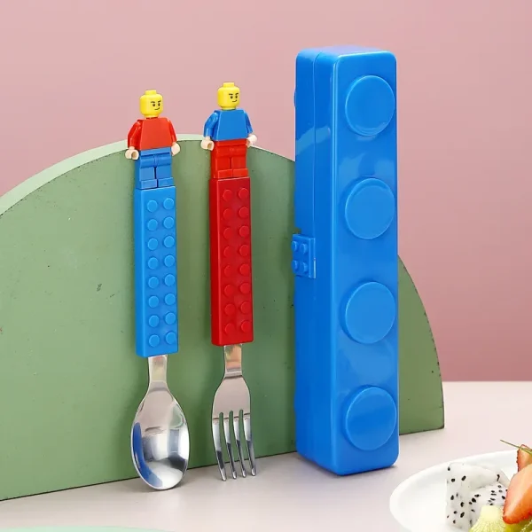 Kf s174ee94cf7dd46a4b975cd173cc32a20g 304 stainless kids funny fork spoon set children building block toys cartoon steel tableware portable storage