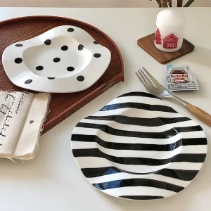 Kf S298081c738064833a84837f307c28eecl 8inch Nordic Ceramic Plate Dot Stripe Irregular Wave Shape Ceramic Dessert Plate Pasta Plate Dinner Plates