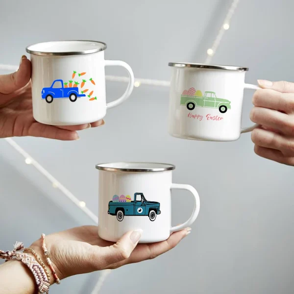 Kf S2c0987e6db7f4ce6a0b71054222891735 Happy Easter Creative Enamel Coffee Mugs Cartoon Truck Rabbit Egg Drink Juice Cups Outdoor Camping Travel