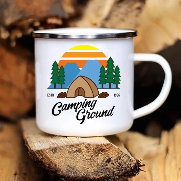 Kf S2eeb52d6ccae48c1957d6cc3c6271a16z New Caravan Printed Camper Mugs Camping Enamel Mug Adventure Campfire Party Beer Juice Cup Mountain Handle