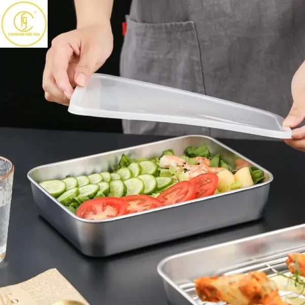 Kf s3c2933c6cd23400a944677ebf026ae5ey 1pcs thick stainless steel plates with filter mesh and plastic cover for fried food bbq seafood
