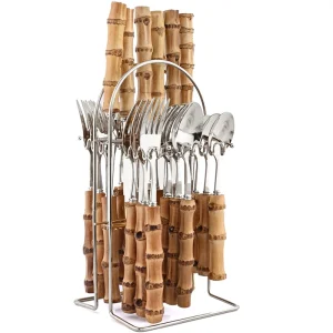 Kf s496994beae4246edb659afea41543866p 24pcs tableware sets bamboo handle stainless steel cutlery set creative dinnerware knife fork spoon mirror flatware
