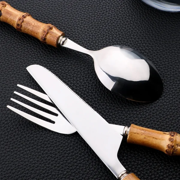 Kf s5471a56e60a44cb3929dbdd598466dc3k 24pcs tableware sets bamboo handle stainless steel cutlery set creative dinnerware knife fork spoon mirror flatware