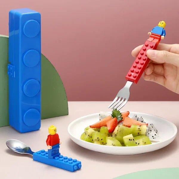 Kf s60b7d8f543394490b3ea52e29e69746cd 304 stainless kids funny fork spoon set children building block toys cartoon steel tableware portable storage