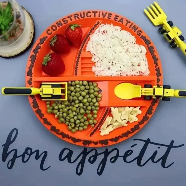 Kf s6155a3de06d84161a0db23a0a5b09ae07 new car bulldozer excavator shovel plate knife fork spoon bpa free children spoon tableware set dinnerware