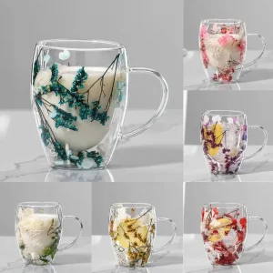 Kf S6ba124613a1e43269e848f814e7871bbe 350ml Creative Double Wall Coffee Mug Real Dried Flower Filler Glass Cups Gifts High Borosilicate Glass