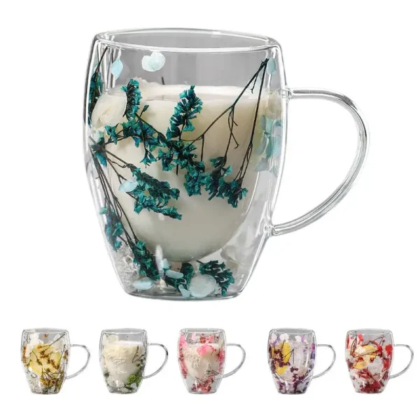 Kf S716d29f76b8b4dd88fbd0f298ed4644cm 350ml Creative Double Wall Coffee Mug Real Dried Flower Filler Glass Cups Gifts High Borosilicate Glass