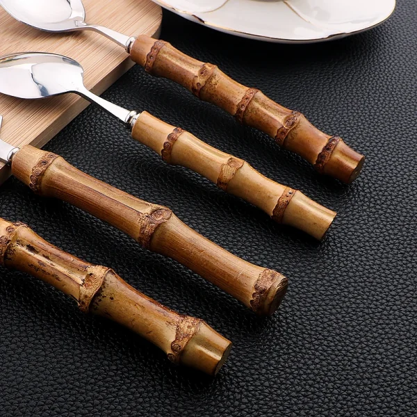 Kf s732b42092ea440d78487c2476268c68dv 24pcs tableware sets bamboo handle stainless steel cutlery set creative dinnerware knife fork spoon mirror flatware