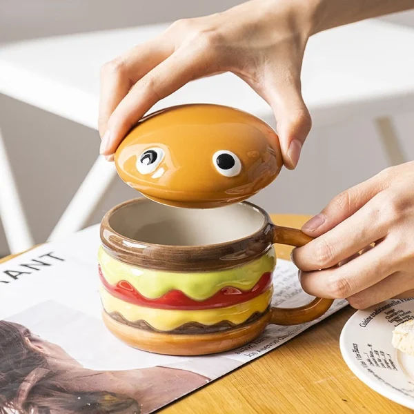 Kf S79bc67c6b1284c009ef50943694053beg 300ml Ceramic Cup Creative Hamburger Coffee Cup Cute Cartoon Children S Mug Breakfast Oatmeal Milk Cups