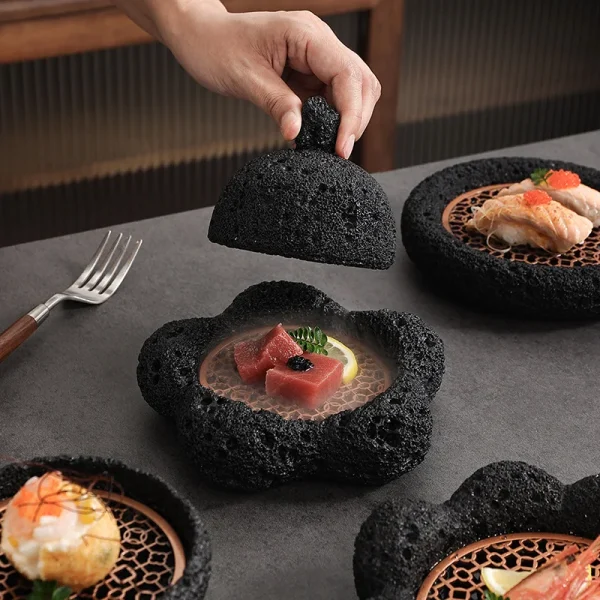 Kf S79fc19f28e0c4c2e90a67c3abb2f6f3bt Japanese Tableware Rock Sushi Plate Coal Ball Volcanic Stone Swing Plate Steak Plate Hotel Creative Dining