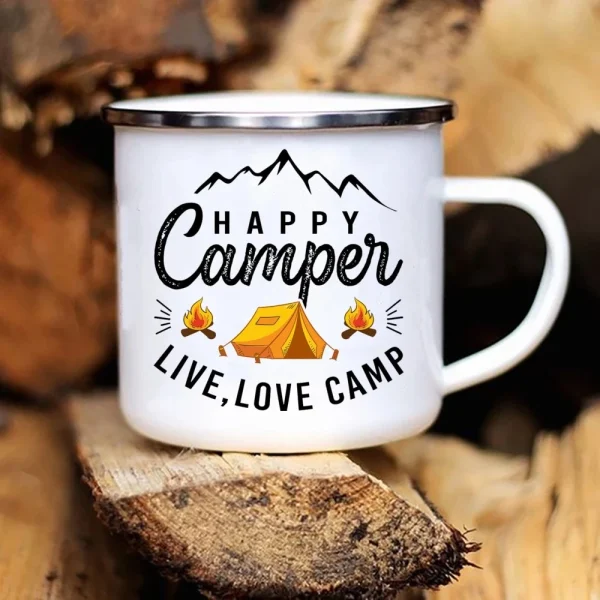 Kf S85e0a2072de24ee3bf7efa1ab5dfd901i New Caravan Printed Camper Mugs Camping Enamel Mug Adventure Campfire Party Beer Juice Cup Mountain Handle